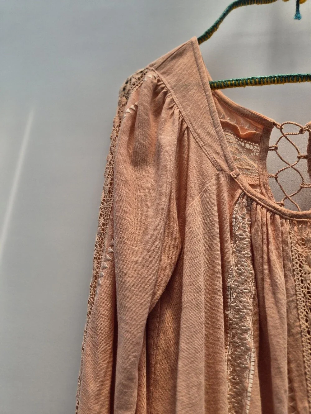 Free People Silverlake Peasant Blouse Large Peach Fairycore 70s Boho Chic Lace